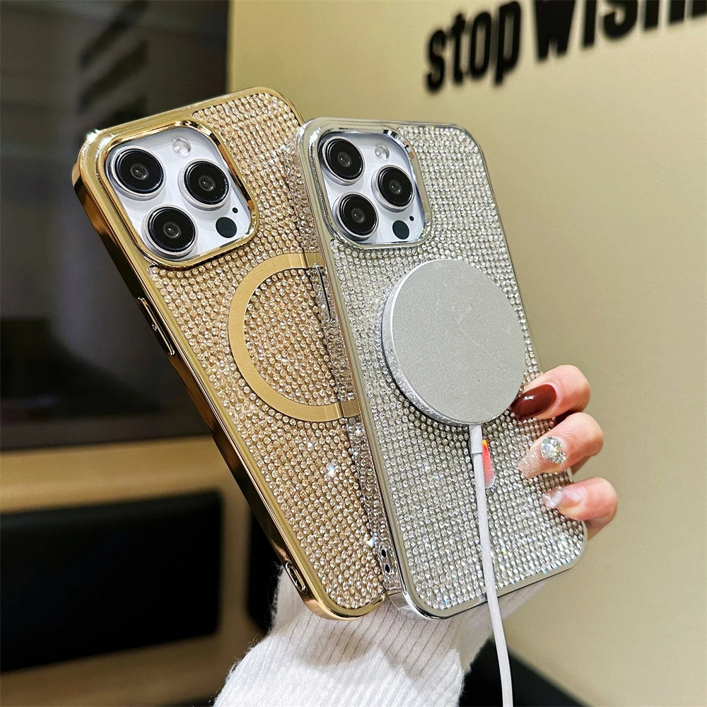 Original For Magsafe Diamond Pattern Phone Case For iPhone 17 16 15 14 12 13 11 Pro Max Plus Magnetic Bling Shiny Solid Cover