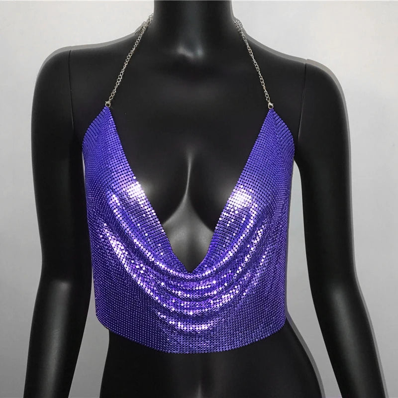 AKYZO Women 2023 Sexy Metal Sequined Tank Camis Summer Gold Silver Backless Cropped Glitter Beach Club Show Wear Tank Tops