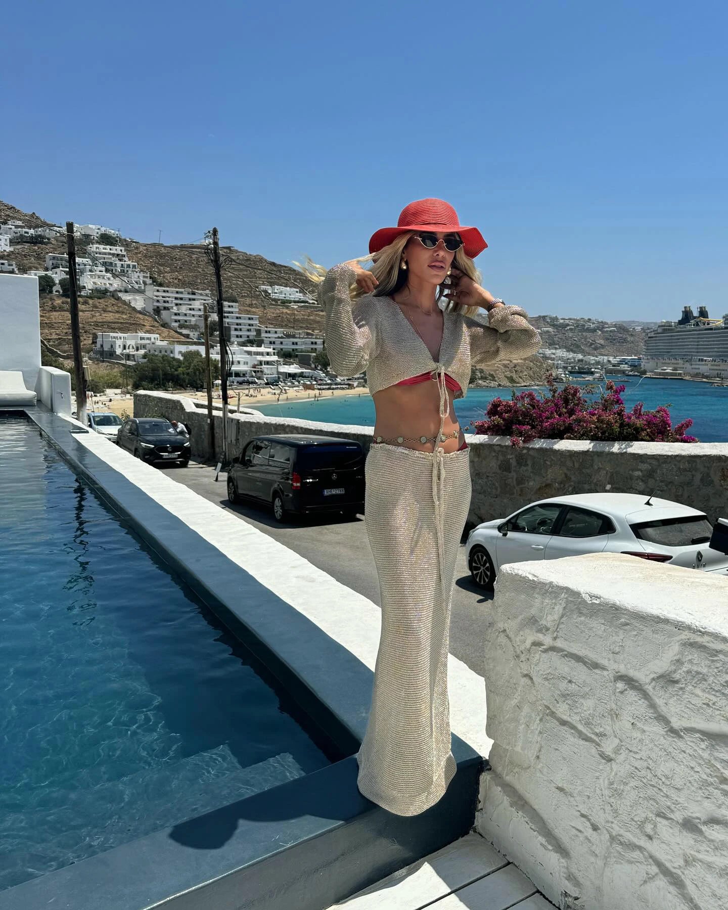 Solid Colour Sexy Beachwear Swimsuit Cover Up Knit Two-piece 2025 Summer Women's Big Bell Sleeve Lace-up Top Long Skirt Set K128