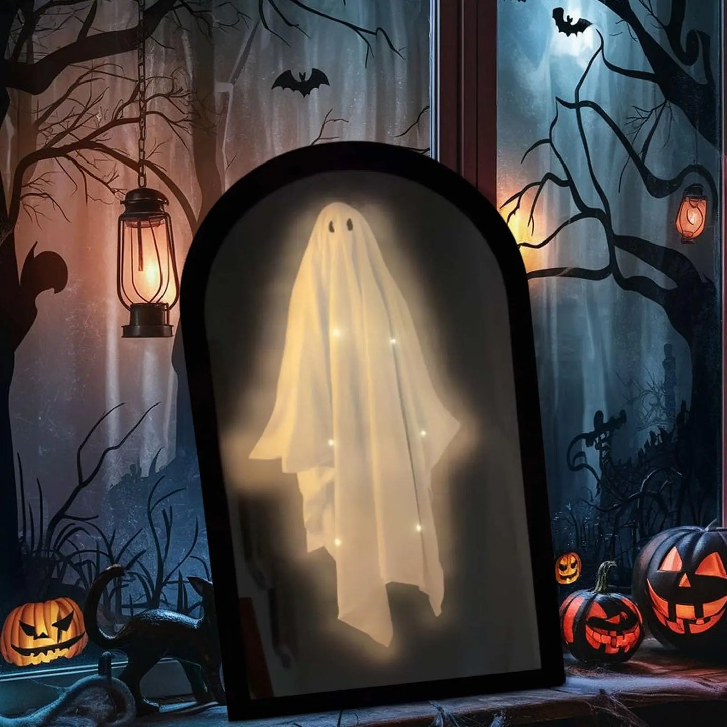 Halloween Ghost Mirror Night Light Cute Halloween Home Accessories Spooky Halloween Hologram Ghost Prank Decor 35*20cm/50*24cm