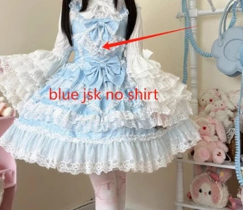 Original Lolita Dress Cape Set New Spring Autumn Sweet Girl Lace Princess Jsk Cake Dress Fairy Suspender Dress Shirt Outfit