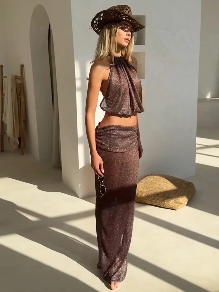 Sexy Knit Sets Backless Wrap Lace-up Top Chic Beach Half Skirt Two-piece Swimsuit Cover Up 2025 Summer Women's Party Outfit K167