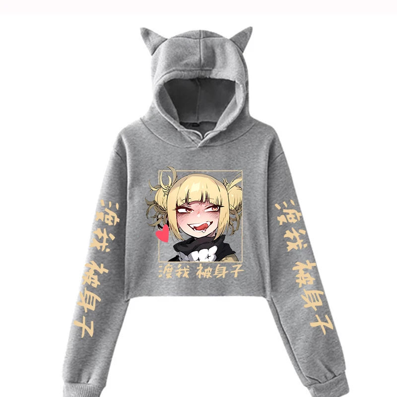 New Anime Hoodie Womens Girls Cat Ear Sweatshirts Hip Hop Short Hooded Pullover Crop Top Himiko Toga Printing Cat Ear Hoodies
