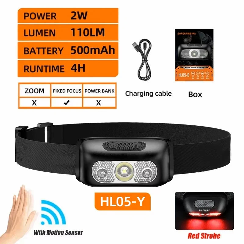 SUPERFIRE HL05-Y Rechargeable Powerful Sensor Headlamp USB High Power Headlight COB LED Waterproof Head Lamp Work Front Light
