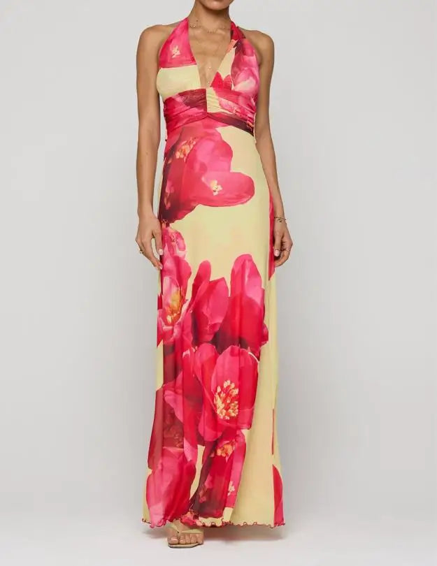 GuliriFei Women Long Dress, Sleeveless Halter Dress Backless Flower/Dots Print Summer Cocktail Dress