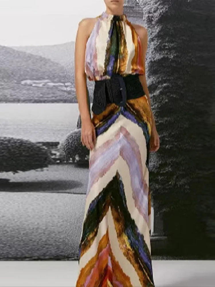 Painterly Print Satin Co-ord Set Sleeveless High Neck Crop Top Slim Fit Maxi Skirt Women's Elegant Chic Party Evening Outfit