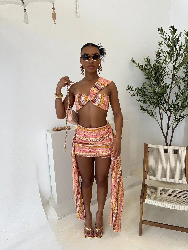 Knit Sequin Sexy One Shoulder Skirt Women Set colorful Crop Top Draped Mini Skirts Slim Bodycon 2 Pieces Sets Lady beachwear