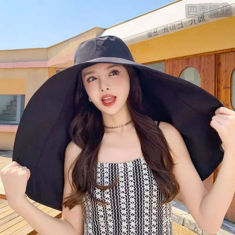 Summer Large Shawl Sun Protection Hat For Women Beach Travel Anti-UV Sunshade Fisherman Hat Wide Brim Sunscreen Ponytail Cap