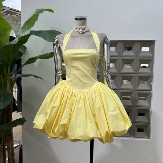 Yellow Sequar Collar Sleeveless Party Short Dress for Women 2025 Summre New Elegant High Waist Evening Dresses Women's Clothes