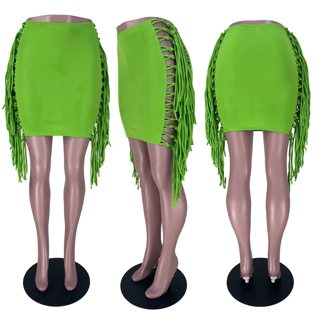 Sexy Wrap Women Mini Skirts Solid Bodycon Streetwear Skirts 2022 Summer Chic Hollow Out Tassel Y2K Style Bottom Outfits