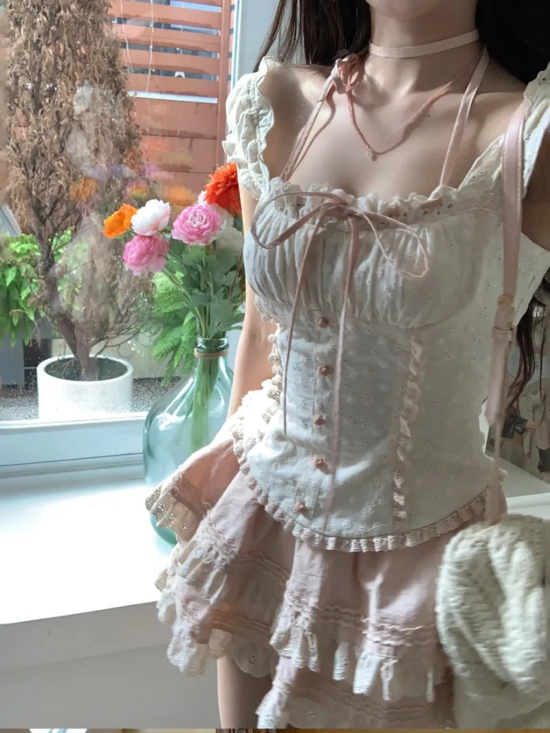 Sweet High Street Halter Patchwork Lace Japan Tank Tops All Match Harajuku Preppy Style Tiered Skirts Y2k Aesthetic Moda Sets