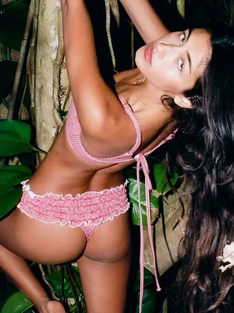 Miyouj Bow Bikinis 2024 Biquin Pleated Swimsuit Women Plaid Print Bikini Set Sexy Swimwear Push Up Beachwear Low Waist Bath Suit