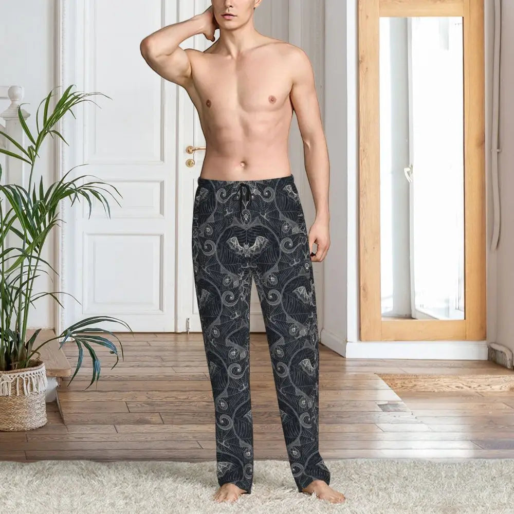 Custom Cute Spooky Halloween Bats Black And Purple Pajama Pants for Men Lounge Sleep Drawstring Sleepwear Bottoms with Pockets