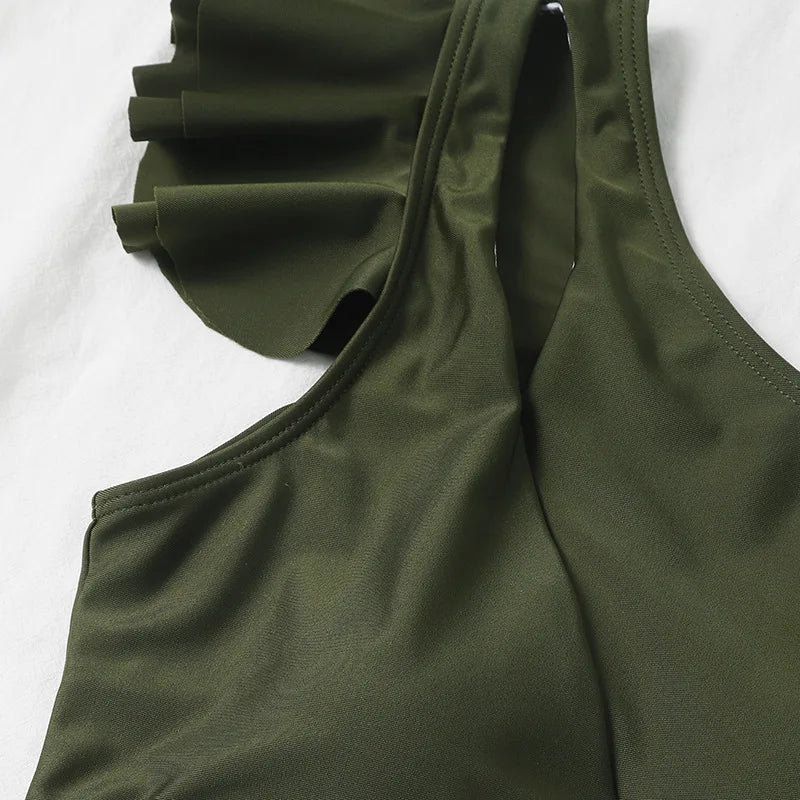 One Shoulder Bikinis 2025 Women Ruffle Swimsuit Solid High Waist Swimwear Female Padded Bathers Bathing Swimming Suit Beachwear