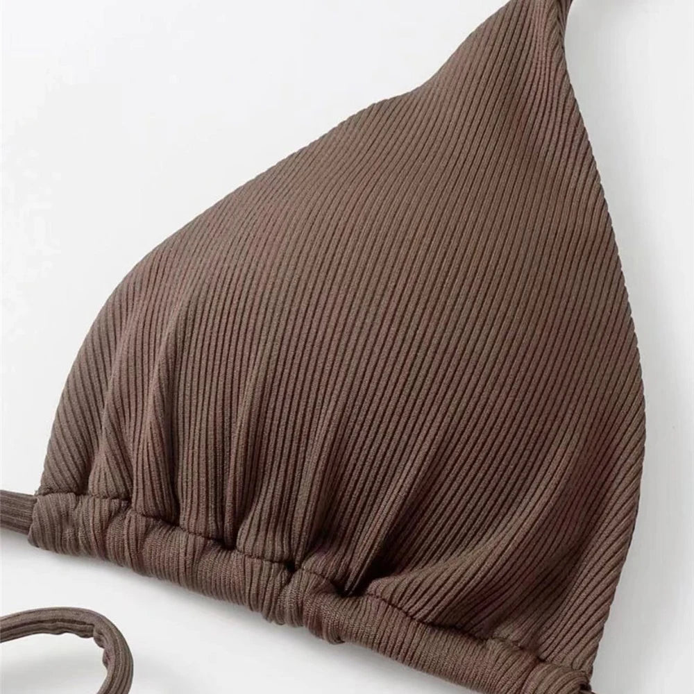 Brown Ribbed Swimwear String Halter Triangle Micro Bikini Thong Sexy Swimsuits Women Lace-up Bathing Suit Biquinis Bikinis Sets