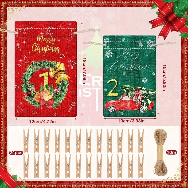24Pcs Christmas Advent Calendar Number Bags Christmas Gift Burlap Drawstring Bags DIY Countdown Advent Calendar Set with Rope