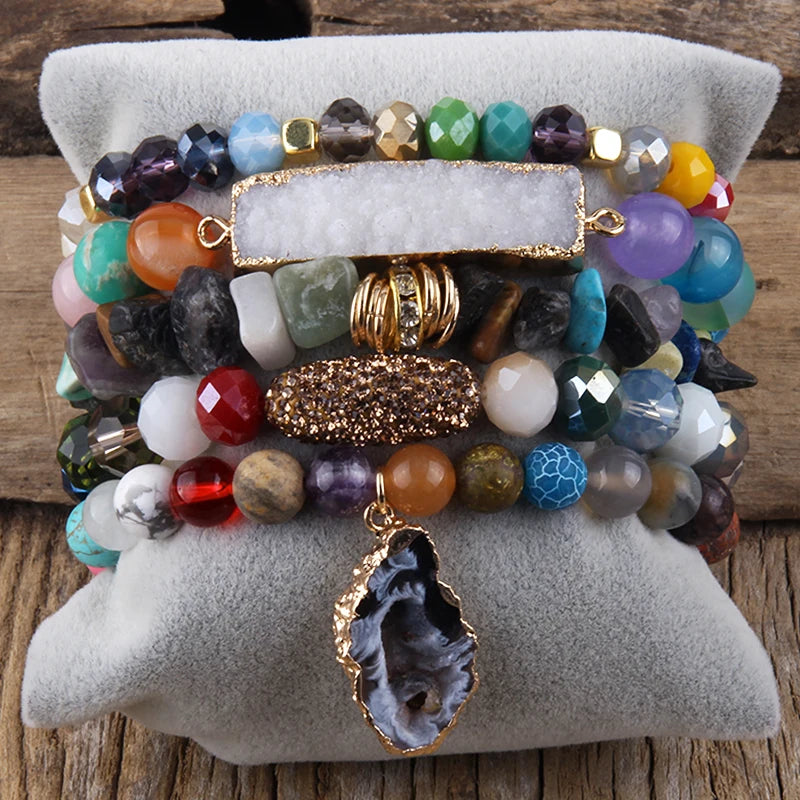 Fashion Designer Gemstone Crystal Glass Beaded Bracelet Sets Druzy Charm 5pc Stack Bracelet Bracelets Set For Women Jewelry Gift