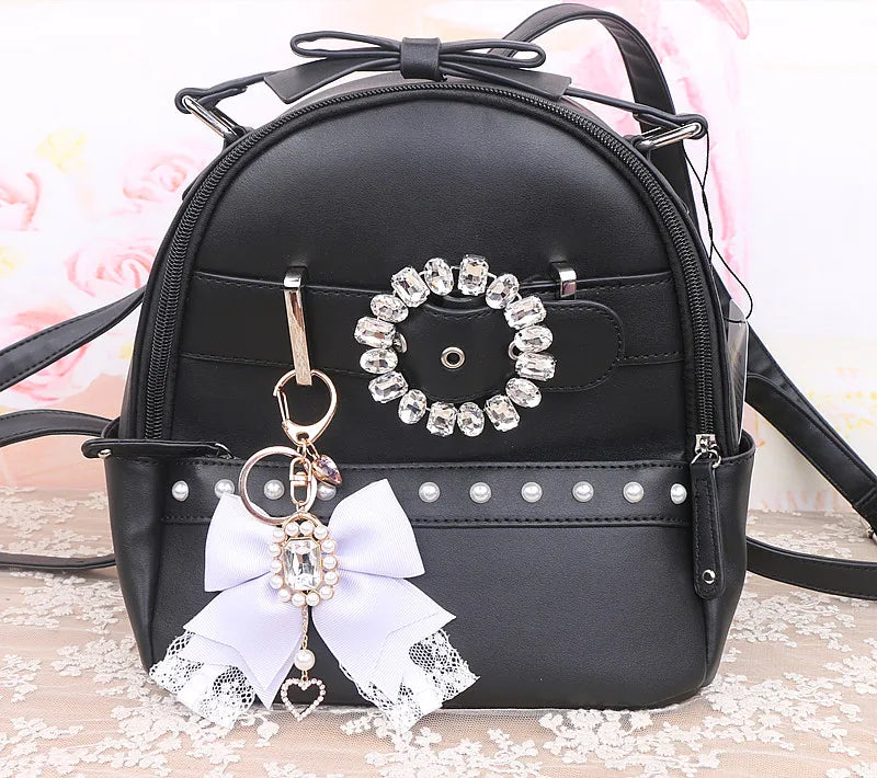 Japanese Sweet Cute Handmade Rhinestone Bow Hairpin Pearl Lace Hairclips Lolita Women Girls Side Clip Bag Pendant Handbag Charms