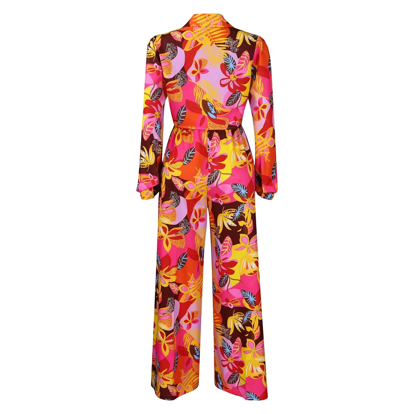 Women 2 Pieces Printed Pants Sets Blouse & Wide Leg Pants Floor Length Fashion High Street Wear Female Two Pieces Matching Sets