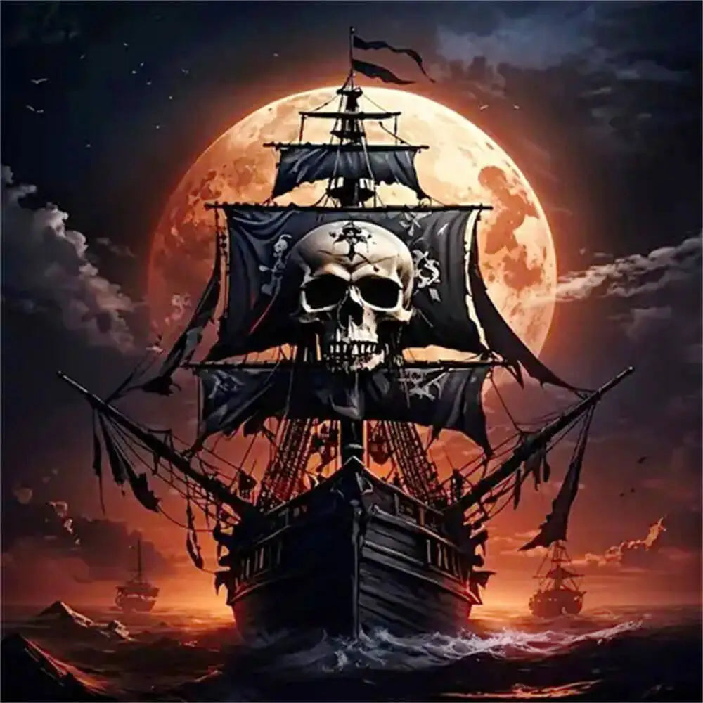 Huacan Cruise Ship Diamond Painting 5D Full Square Round Halloween Skeleton Sailboat Diamond Mosaic Art New Arrivals