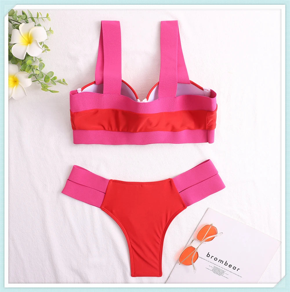 Solid Bandage Bikini Women Push Up Swimsuit Sexy Swimwear Female Brazilian Bathing Swimming Suit Bather Splicing Color Beachwear