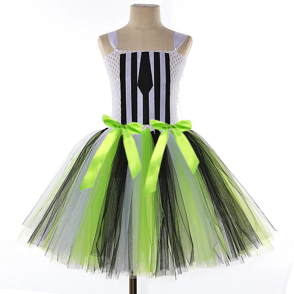 Kids Beetle Juice Costume Girls Black White Striped Tulle Tutu Dress Girls Halloween Carnival Party Princess Dress Up Clothes