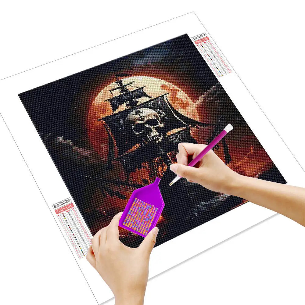 Huacan Cruise Ship Diamond Painting 5D Full Square Round Halloween Skeleton Sailboat Diamond Mosaic Art New Arrivals