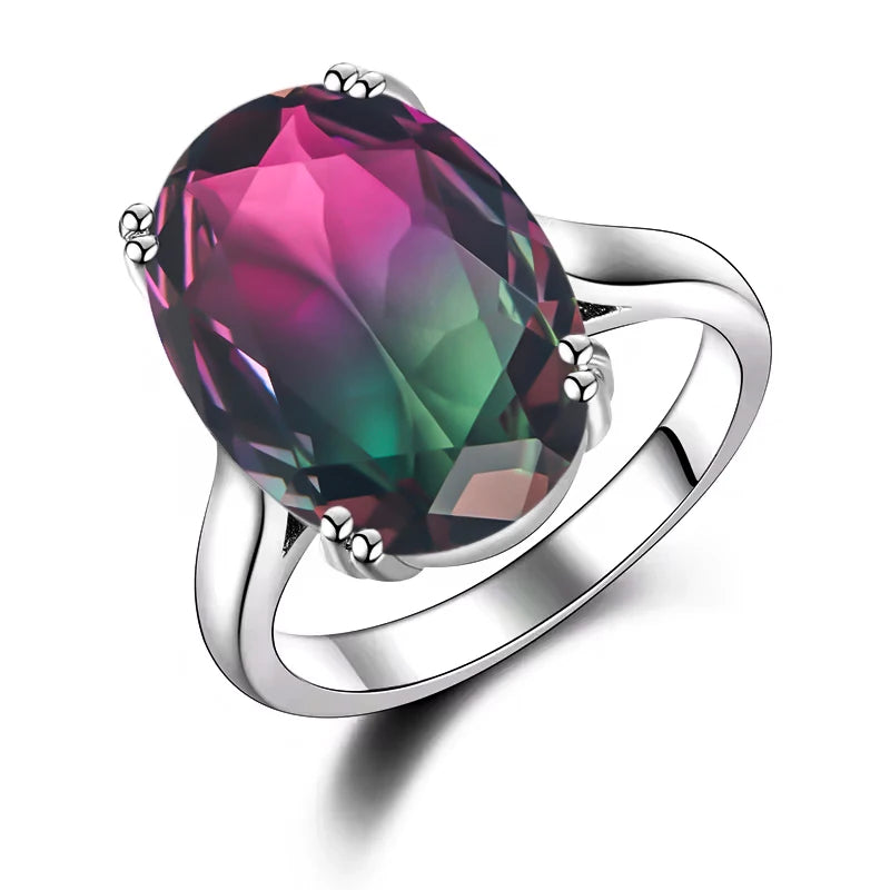S925 Silver Fashion Large Oval AAAAA Zircon Rainbow Gemstone 13*18mm Multicolor Tourmaline For Woman Wedding Ring Bridal Jewelry