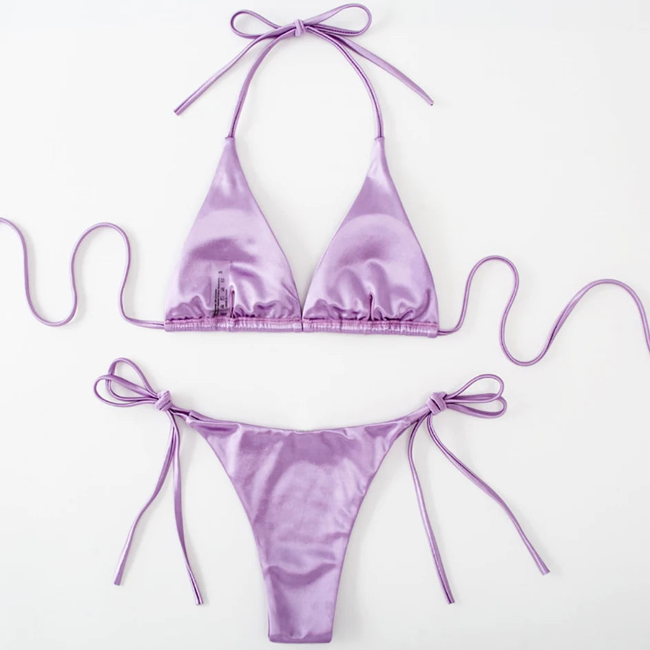 Metallic Halter Triangle Bikini 2023 Swimsuit Women Swimwear Female Bathing Suits Brazilian Thong Micro Bikinis Set Beach Wear