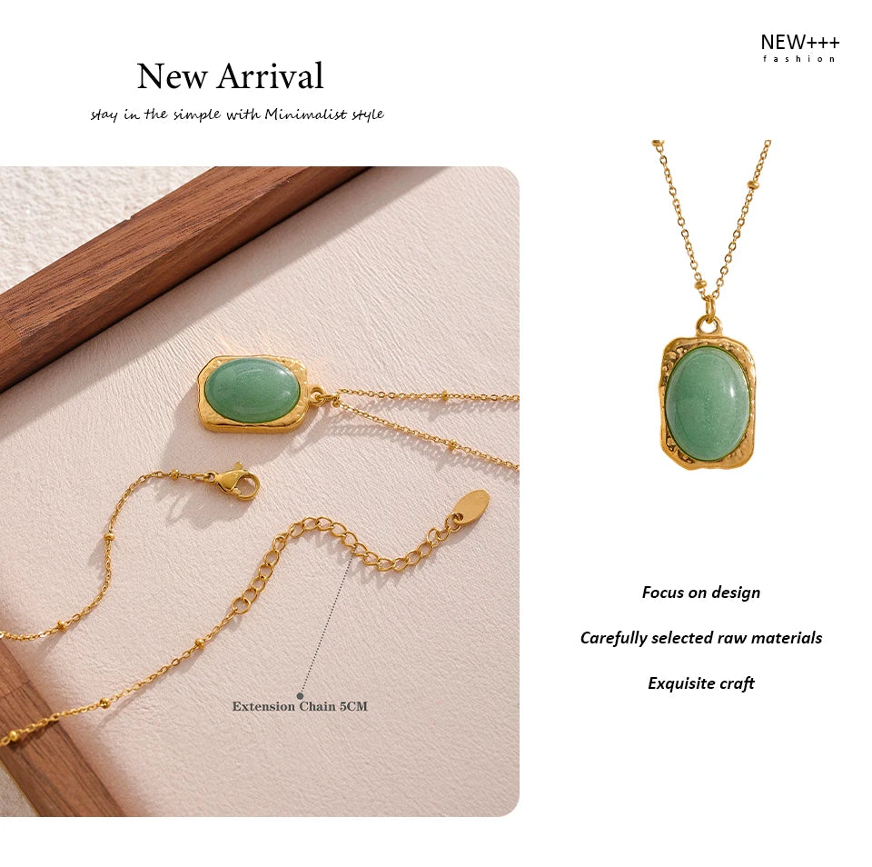 Yhpup Natural Stone Square Pendant Stainless Steel Necklace Amethyst Green Aventurine Charm Fashion Collar Jewelry  Women