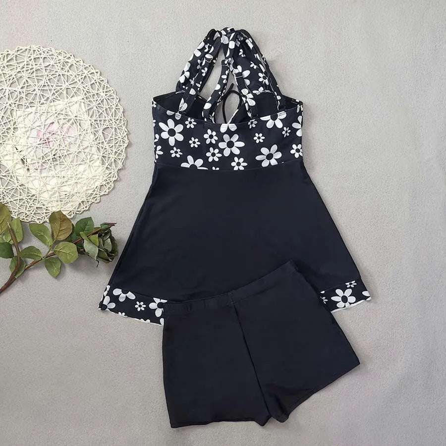Black Flower Print Tankini Swimwear Woman Bikinis Sets 2025 Sexy Halter Swimsuit Bottoms Beach Wear Bathing Suit Bikini Donna