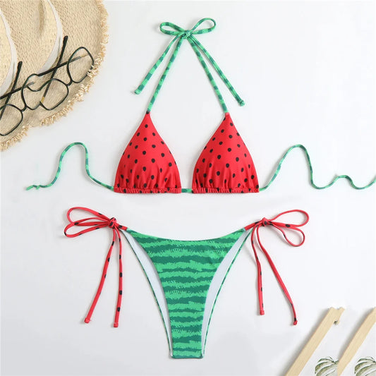 Watermelon Print Swimwear String Halter Triangle Thong Micro Bikini 2025 Sexy Swimsuit Women Brazilian Bikinis Sets Beach Wear