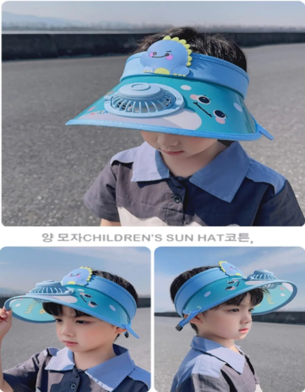 Children's Summer Sun Hat with Fan Sun Protection Hat Cartoon Outdoor Sun Protection Hollow brim Open Top Sun Protection Hat