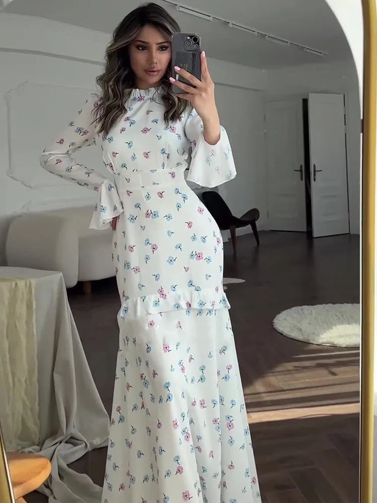 Tossy Ruffle Printed Long Sleeve Long Dress Women's Elegant Contrast Color Slim Fit Lace Waist Casual Summer Fashion Long Dress