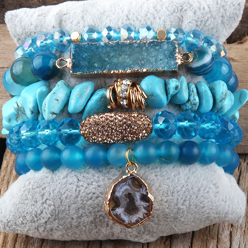 Fashion Designer Gemstone Crystal Glass Beaded Bracelet Sets Druzy Charm 5pc Stack Bracelet Bracelets Set For Women Jewelry Gift