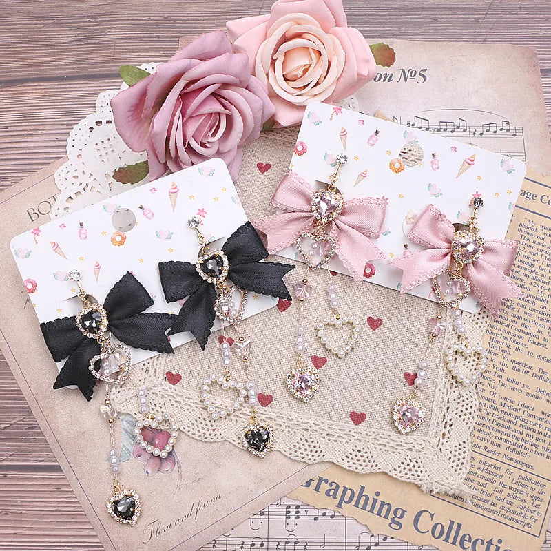 Cute Sweet Women's Bow Rhinestone Ear Clips Love Pendant Ornament Long Style Earrings S925 Needles Pearl Earrings for Y2K Girl