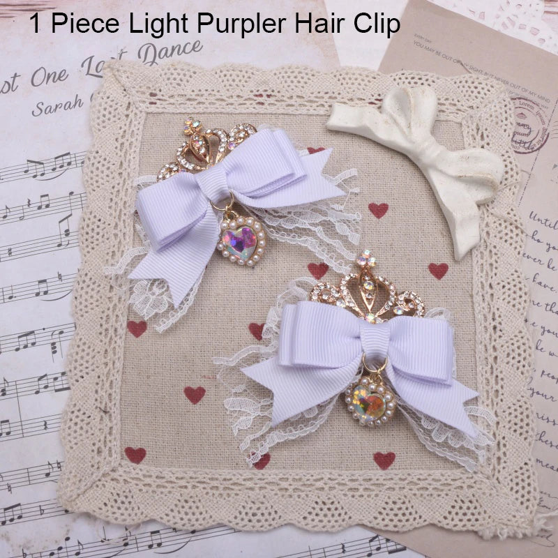 Kawaii Lo Bow Hair Accessories Headdress Girl Women's Sweet Cute Bow Crown Rhinestone Side Clip Lolita Hair Clip Lace Hairpin