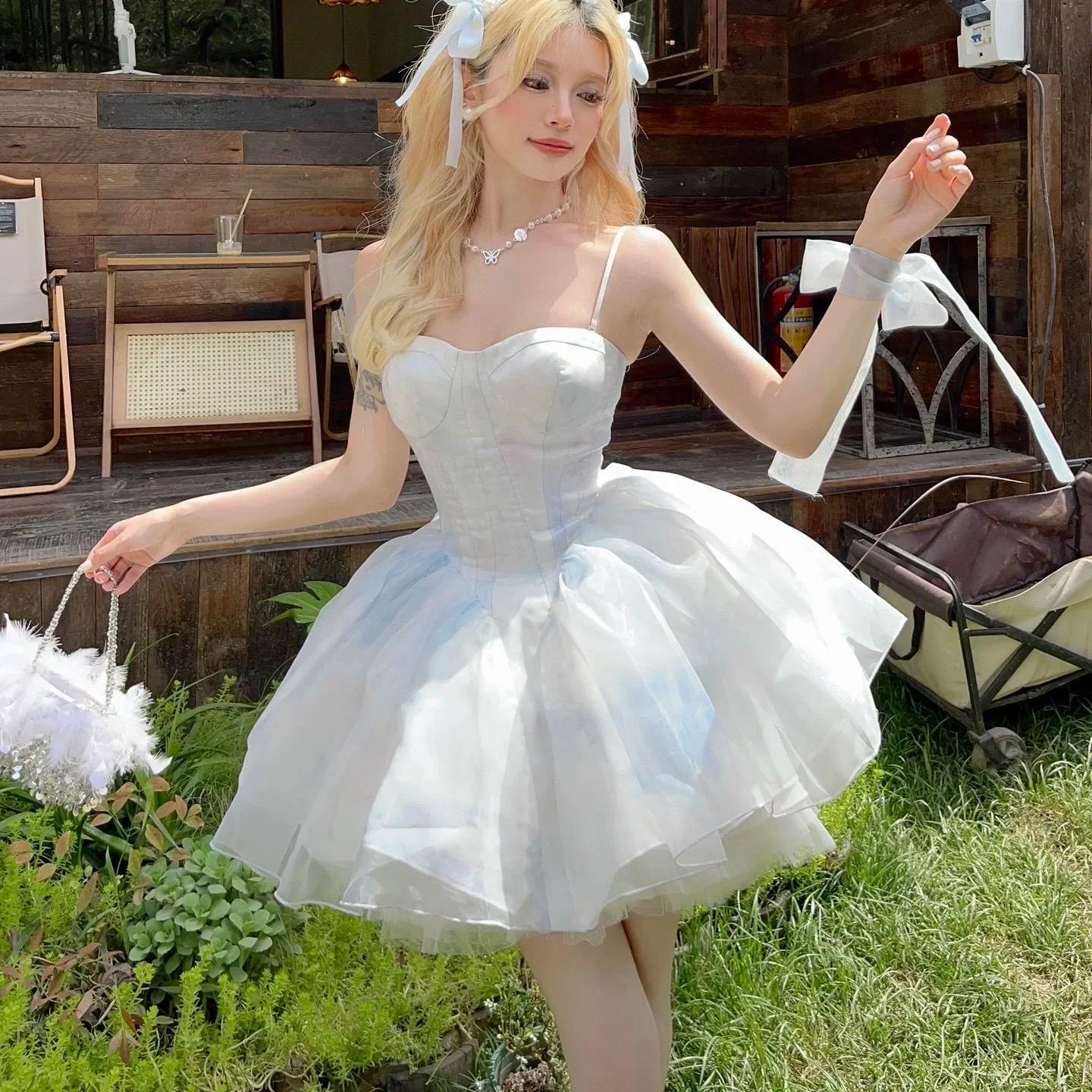 French Style Flower Wedding Dress Lolita Sweet Girl Women Fairy Tube Top Sling Dress with Long Cardigan Birthday Princess Dress