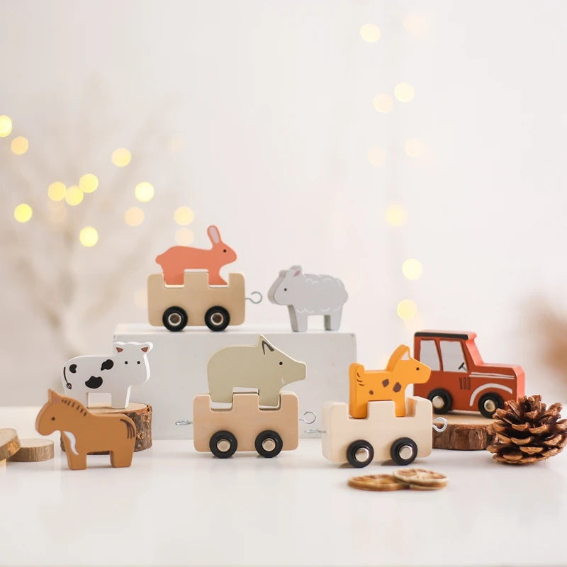 Children Montessori Wooden Toys Dinosaur Car Animal Park Barn Toy Wooden Stacking Game Kid Educational Toy Christmas Gift