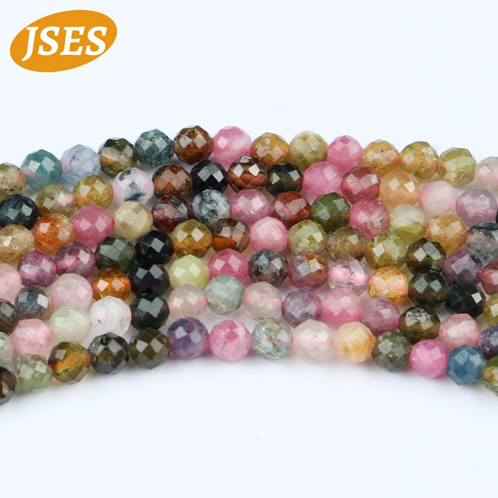 Natural Colorful Tourmaline Faceted Beads Round Loose Spacer Beads for Jewelry Making 3/3.5mm Bracelet DIY Accessories Charms