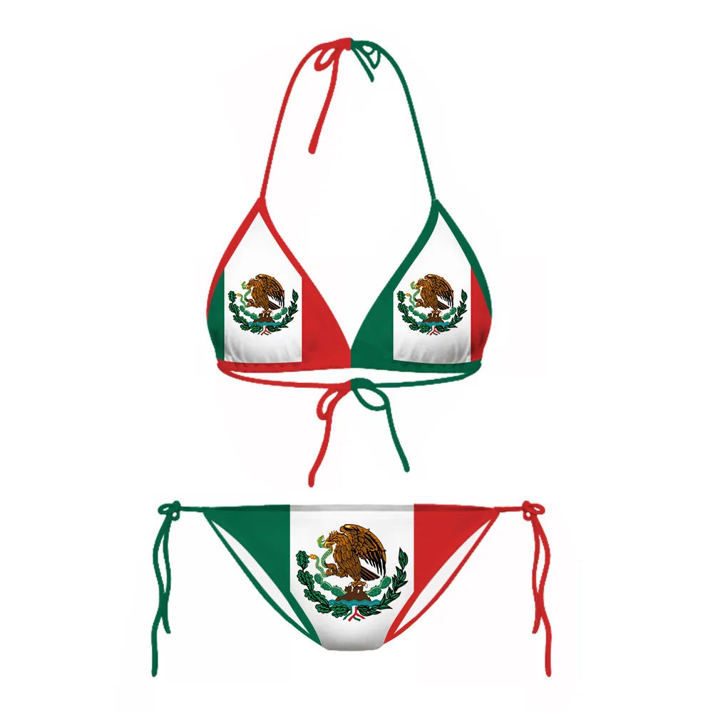 CLOOCL Mexico Flag Bikini Sets Fashion Sexy Swimsuits Beach Pool Vacation Adjustable Lacing Bikini Suits No Chest Pad
