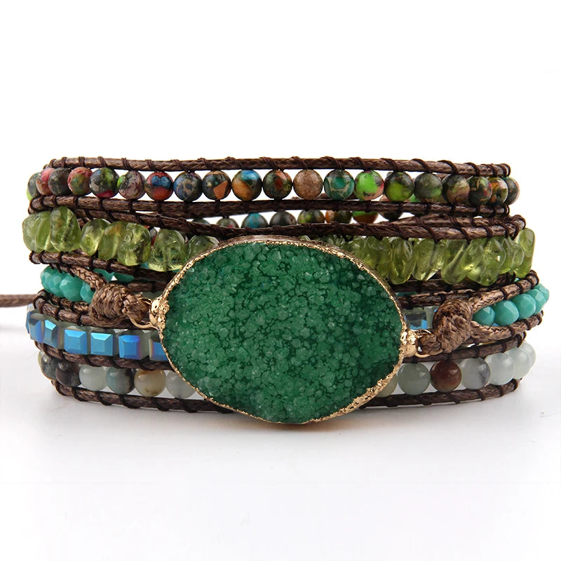 Fashion Bohemian Jewelry Bracelet Mixed Natural Stones Multicolor Big Druzy Charm Handma Wrap Bracelets Gift