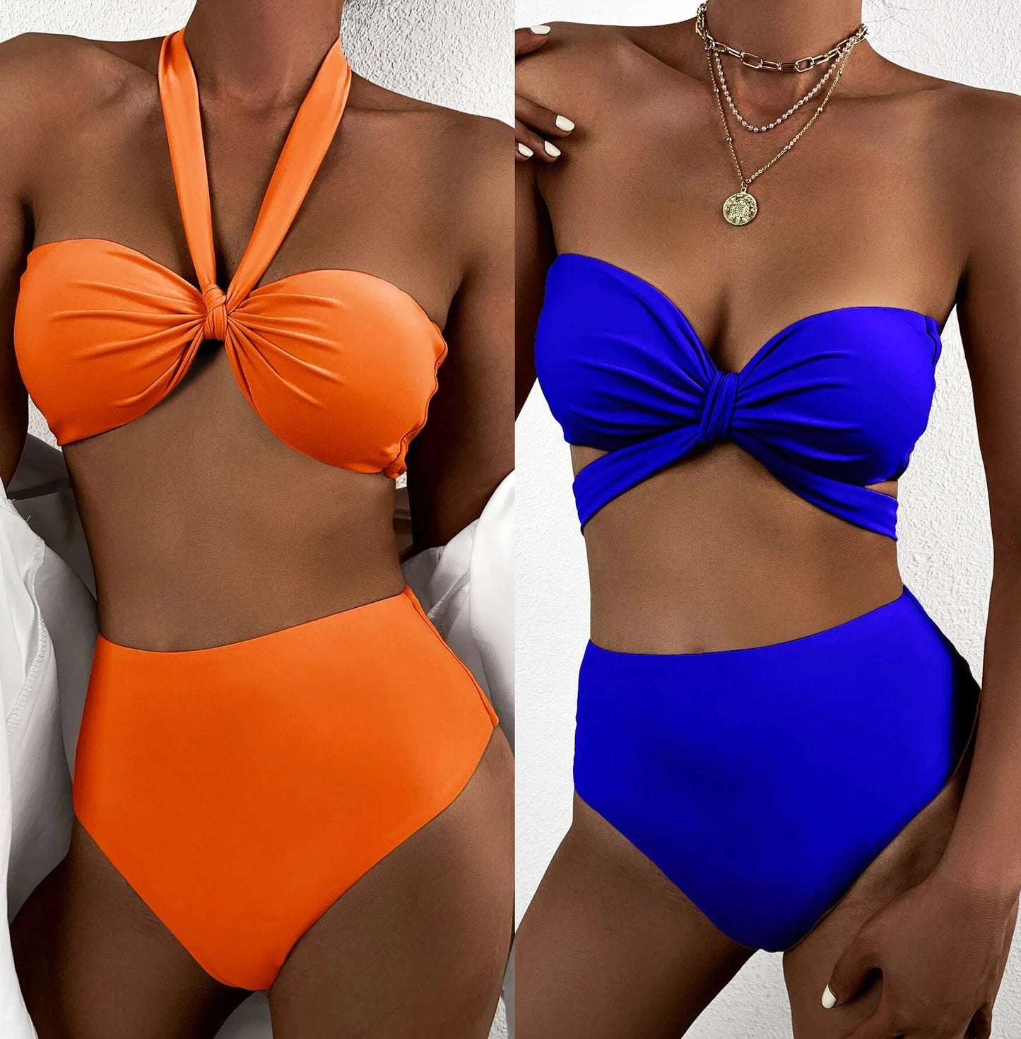 Sexy Front Bow Bikinis Sets Women Orange Blue Bandeau Push Up Two Piece Swimsuit 2025 Cut Out Bathing Suit High Waist Swimwear