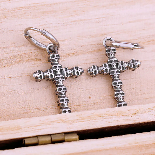 Gothic Skull Cross Drop Earrings For Men Stainless Steel Hip Hop Rock Band Cool Earrings Fashion Vintage Punk Jewelry As Gift