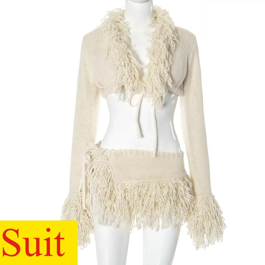 HLJ Sexy Knit Tassels 2 Piece Sets Woman Outfit Long Sleeve Lace-Up Cardigan Tops + Mini Skirts Suits Female Streetwear Clothing