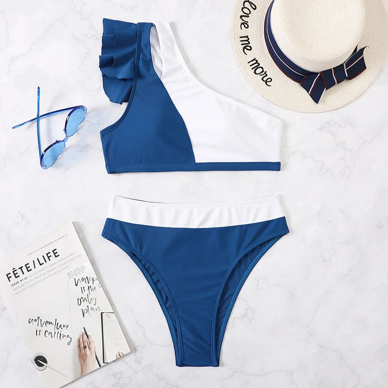 Sexy Bikini 2025 Women High Waist Ruffle Swimsuit Female One Shoulder Swimwear Bathers Bathing Swimming Suit Summer Beachwear