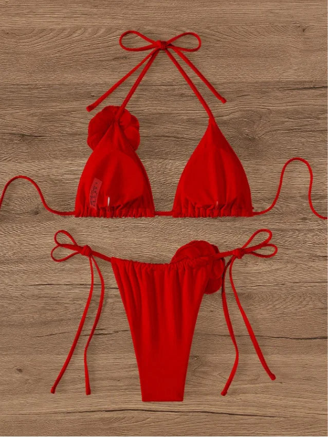 Sexy Bikini Set Women Swimsuit 2024 Black White 3D Floral Print Micro Bikinis Brazilian Cutout Beach Bathing Suit Thong Swimwear