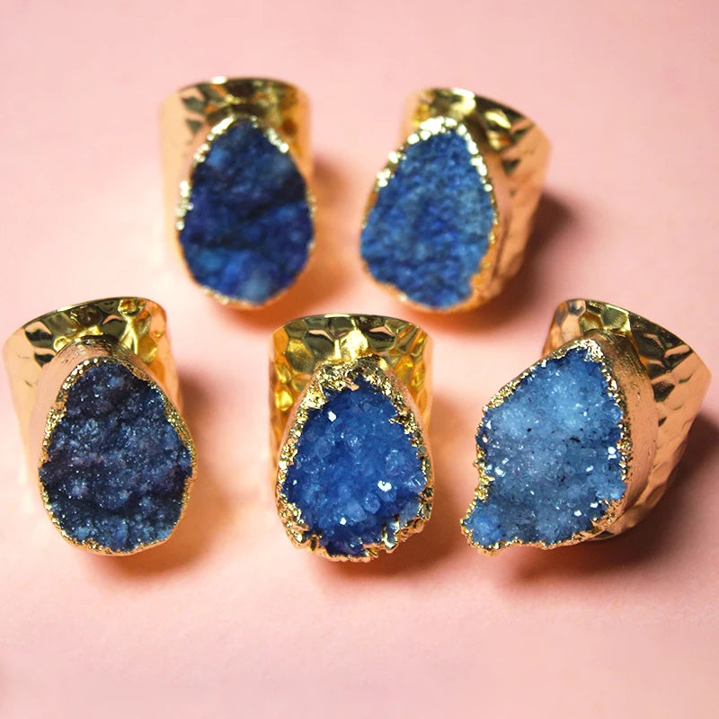 Elegant Crystal  Irregular Raw Druzy Stone Ring Gold Plated Boho Wide Open Finger Jewelry for Women Men Party Wedding