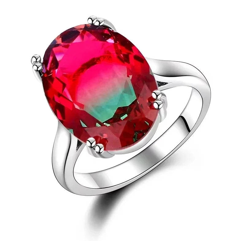 S925 Silver Fashion Large Oval AAAAA Zircon Rainbow Gemstone 13*18mm Multicolor Tourmaline For Woman Wedding Ring Bridal Jewelry