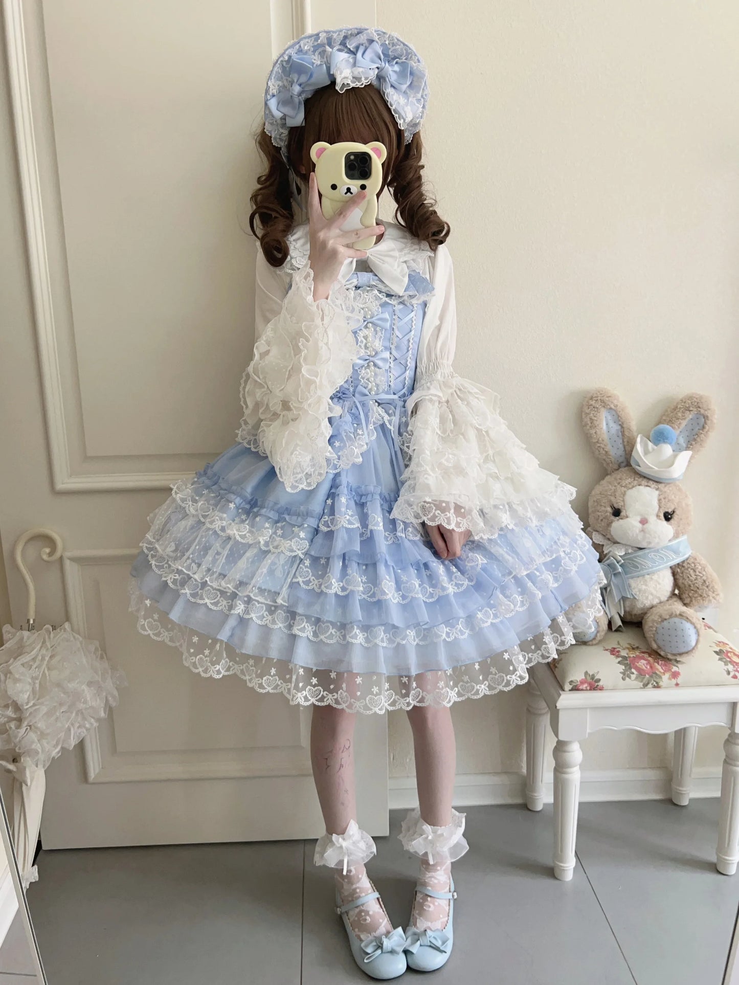 Original Design Lolita Jsk Suspender Dress Sweet Girl Women's Long Sleeve Inner Shirt Cute Princess Sling Cake Dress with Cape